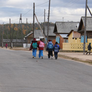 School kids walking home in the small town of Ust'-Barguzin 